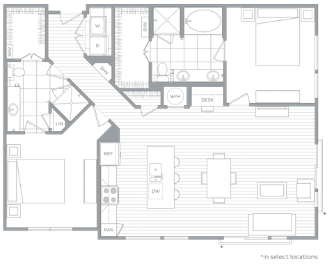 Floor plan for 2 beds, 2 baths, 1305 sqft